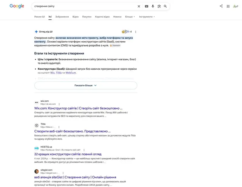 Видача Google за запитом створення сайту з інформаційними результатами і конструкторами
