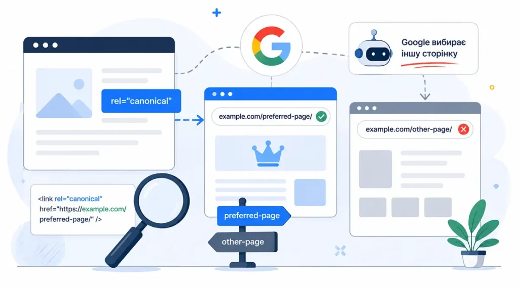 Схема роботи canonical URL та вибору канонічної сторінки Google