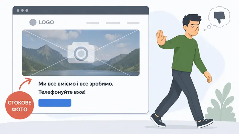 Користувач залишає слабкий сайт із шаблонним контентом, не ставши клієнтом попри рекламу Google Ads.