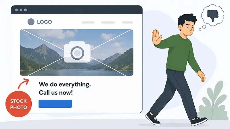 Potential customer leaving a website with generic stock images and minimal content because it fails to build trust