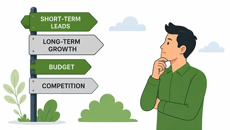 Business owner choosing between long-term SEO and Google Ads based on business goals, competition, and budget