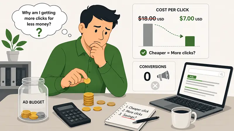 Business owner counting coins while focusing on reducing click costs instead of attracting profitable customers