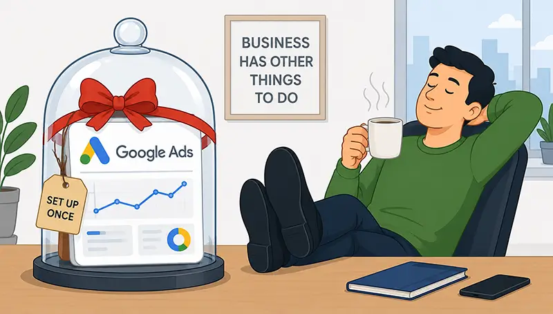 Google Ads campaign placed under a glass dome while the business owner assumes it no longer needs management