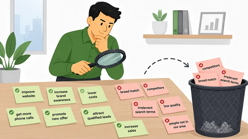 Business owner reviewing Google Ads search terms and separating valuable queries from irrelevant ones