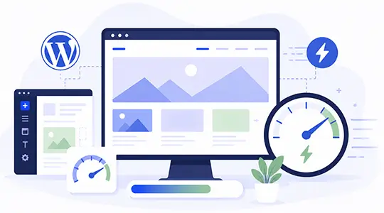 Ілюстрація прискорення сайту на WordPress: екран із макетом сайту, елементи адмінпанелі, логотип WordPress і спідометри швидкодії
